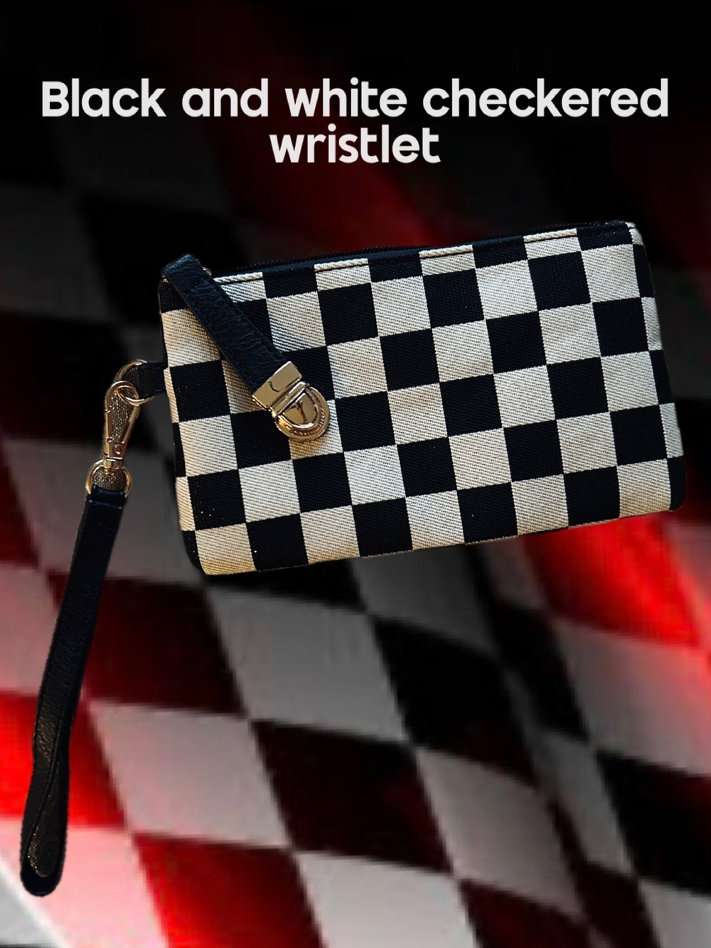 Black and White Checkered Canvas Wristlet